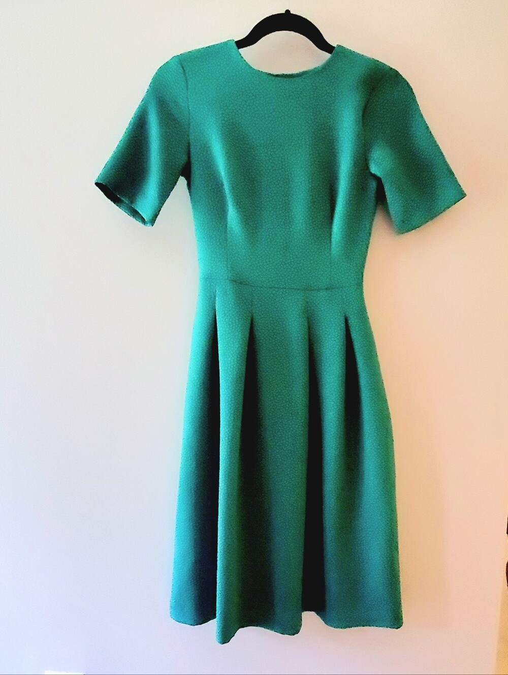 H&M Teal Green Fit & Flare Midi Dress Short Sleeve Pebbled Texture Garden Party